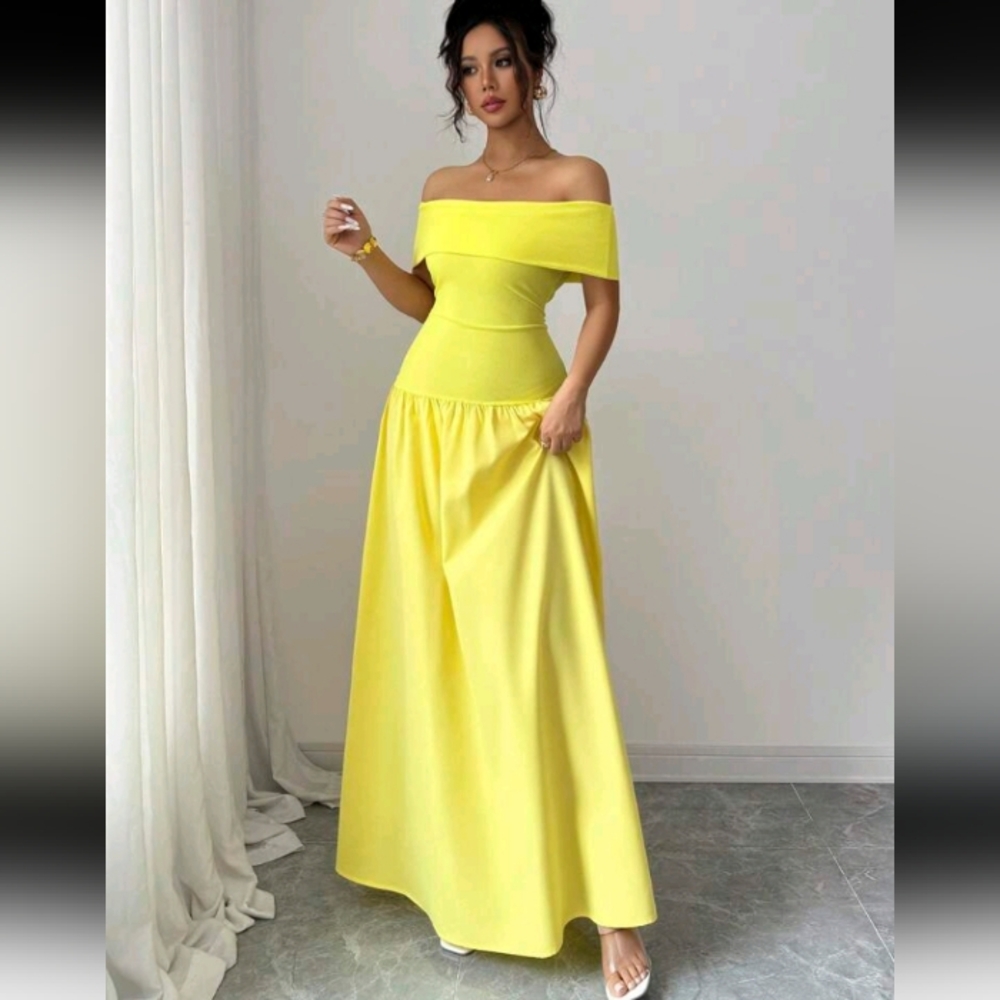 Women Off-Shoulder Plain Long Dress, Elegant - Picture 4 of 4